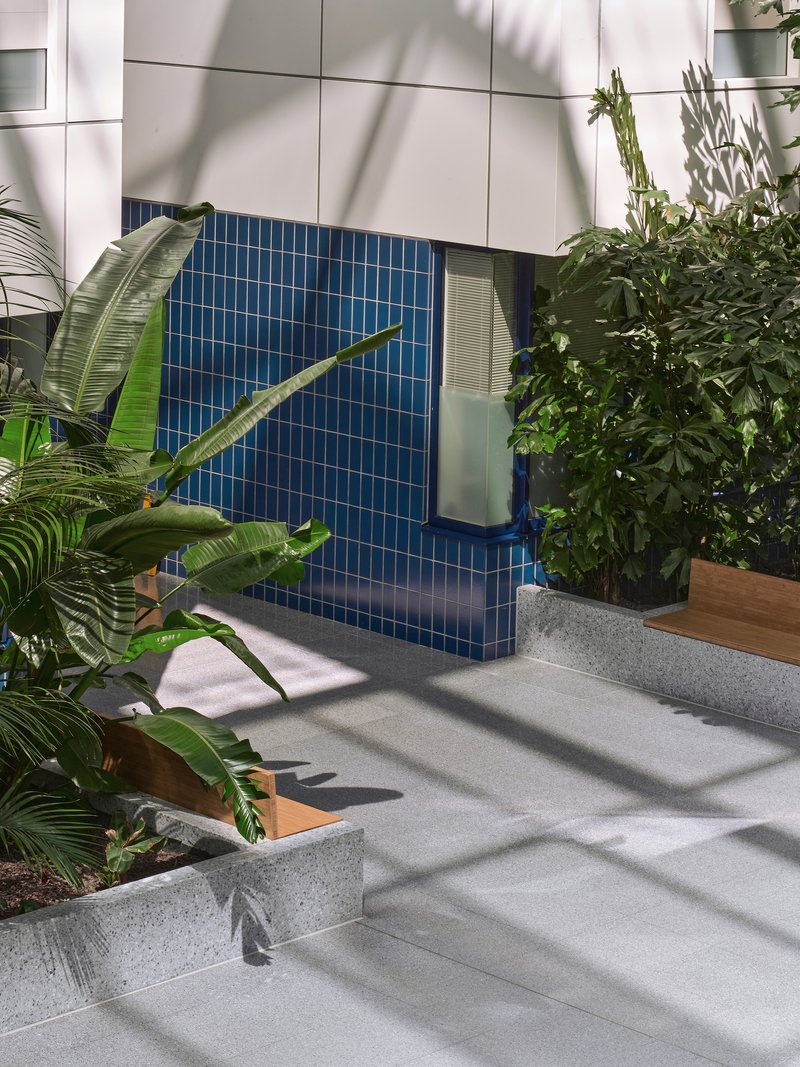 Blue mosaic tile facade panel with operable window surrounded by palms and plant shadows