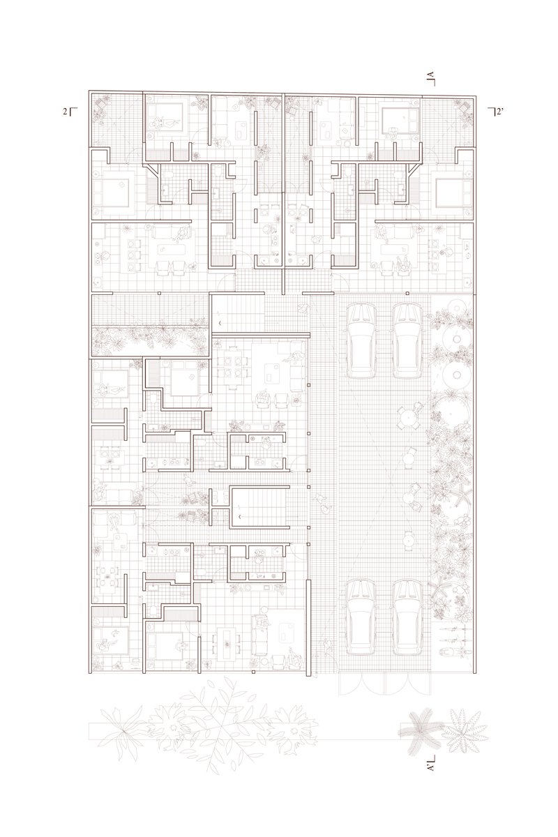 Floor plan drawing showing residential units organized around planted courtyards and circulation zones