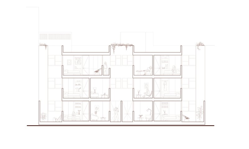 Section drawing revealing stacked dwelling units with planted roof terraces and internal courtyards