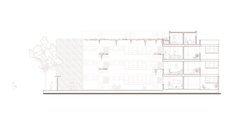 Section drawing showing the building massing with street tree, planted facade and rooftop greenery