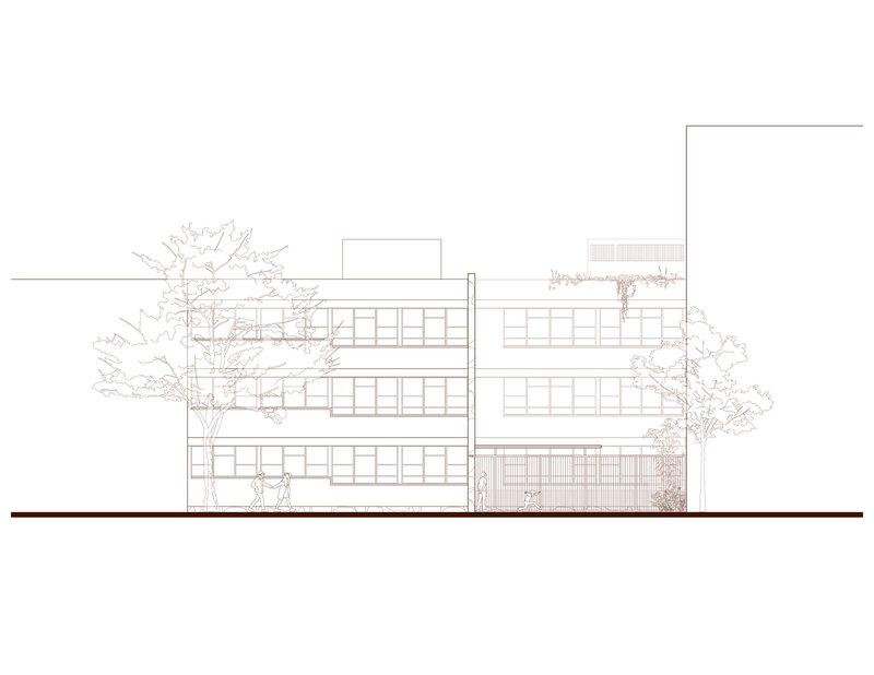 Elevation drawing showing a three-story rectangular building with horizontal bands of windows and surrounding trees
