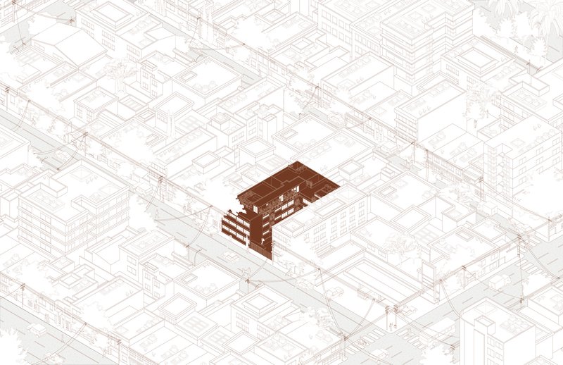 Axonometric drawing highlighting a single multistory building within a larger urban block context