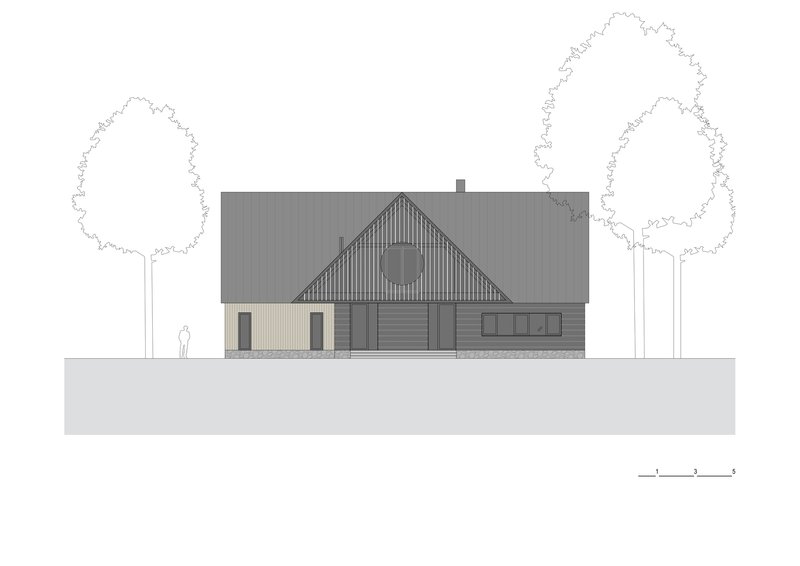 Front elevation drawing featuring the pitched roof with garage door and a standing figure for scale