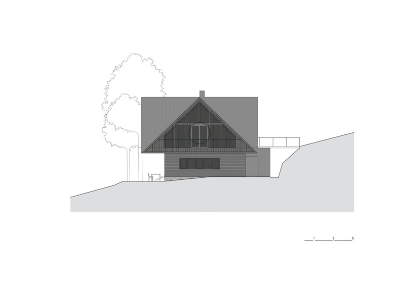 Elevation drawing showing a gabled volume with horizontal cladding on sloped terrain beside a tree