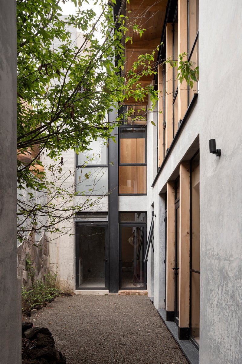 Gravel courtyard framed by rendered walls and glazed timber doors with a leafy tree overhead