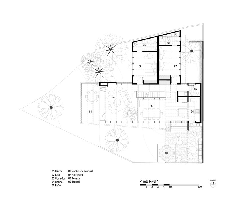 Floor plan drawing showing an irregular perimeter with interior rooms and an outdoor terrace with landscaping
