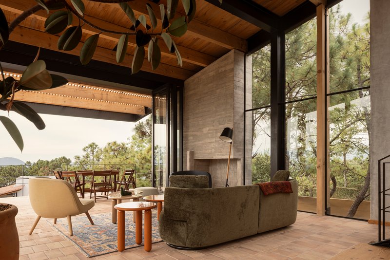 Living area opening to a terrace with exposed timber ceiling beams and steel frame glazing overlooking forest
