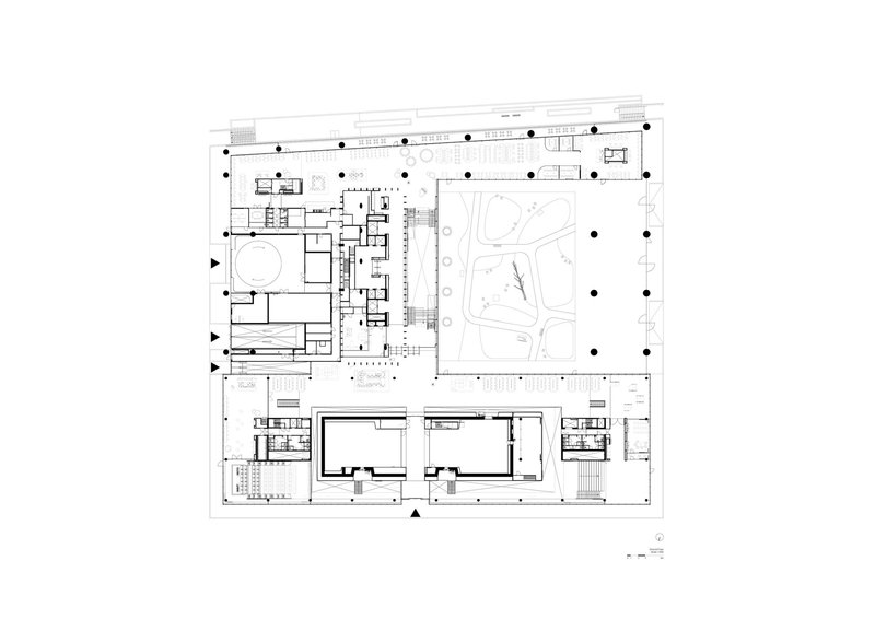 Ground floor plan drawing showing rooms arranged around a central landscaped courtyard