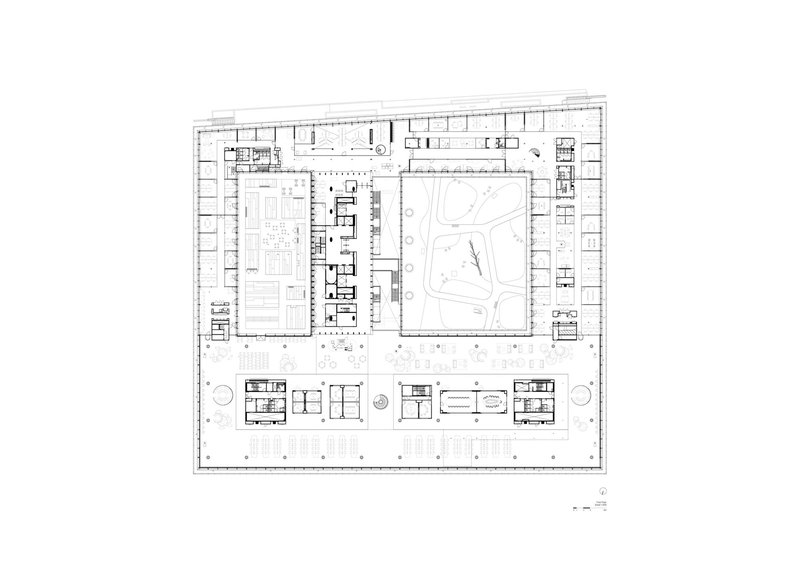 Upper floor plan drawing showing enclosed spaces wrapping a central planted atrium