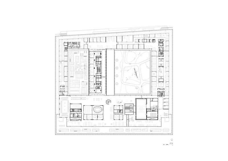 Floor plan drawing showing a square layout with central courtyard and distributed program blocks