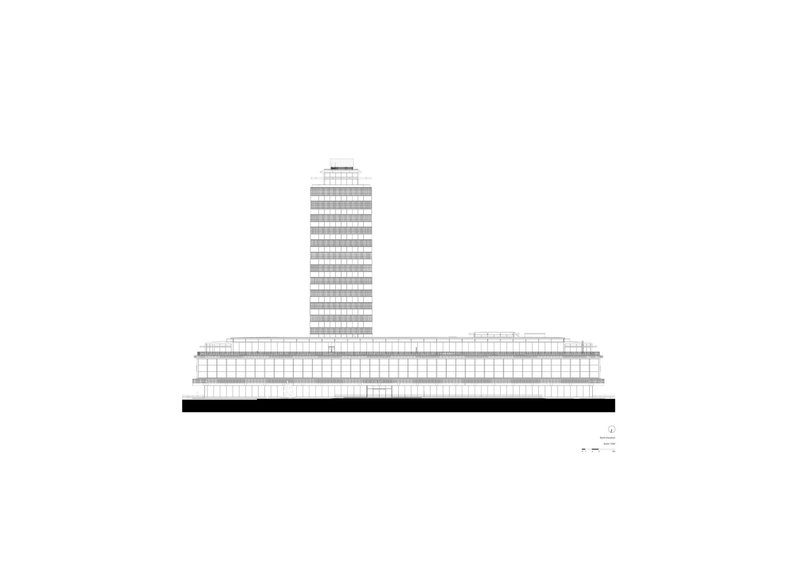 Elevation drawing showing the slender tower above a horizontal podium with dark ground plane
