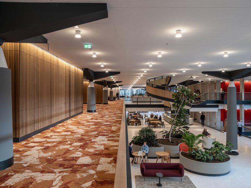 View across a mezzanine with terrazzo flooring showing the curved timber wall and atrium below