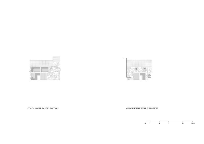 Elevation drawings showing east and west facades of the coach house with textured surfaces and openings