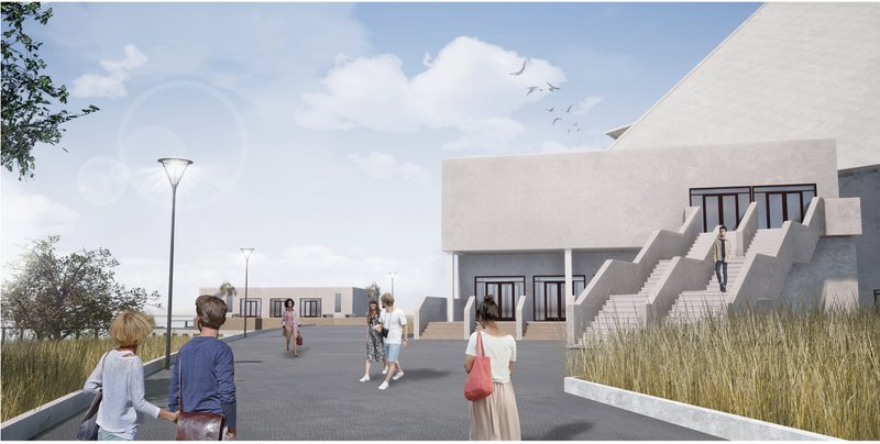 Entrance perspective highlighting public access and human-scale interaction with the architecture
