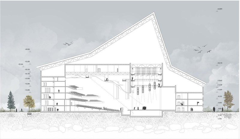 Sectional drawing revealing auditorium layout, structure, and spatial hierarchy