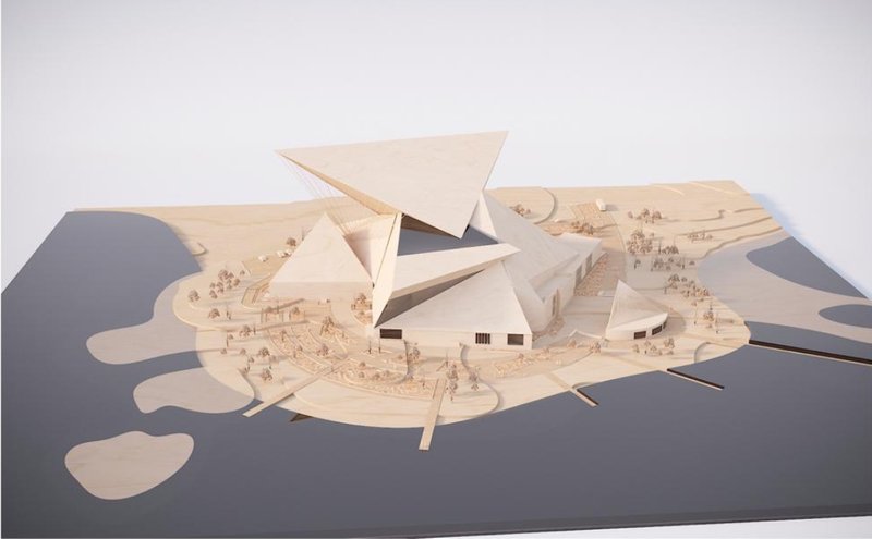 Concept model showcasing sculptural massing and coastal placement