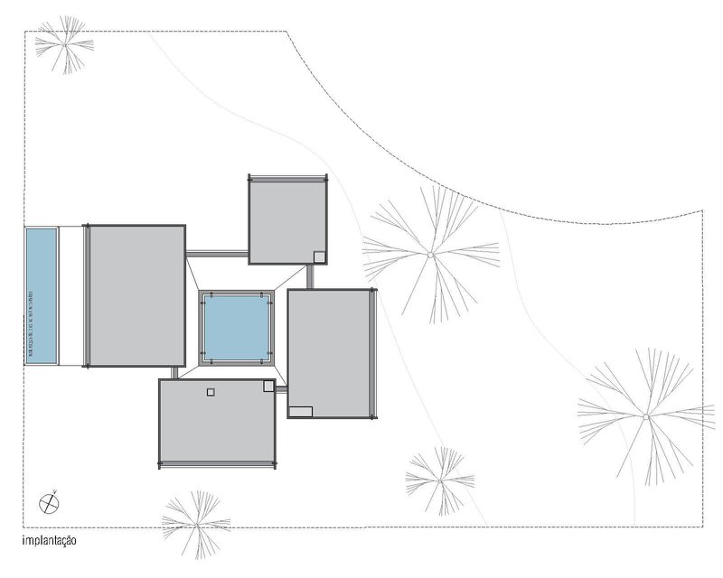 Site plan drawing showing rectangular volumes arranged around a central pool with scattered trees