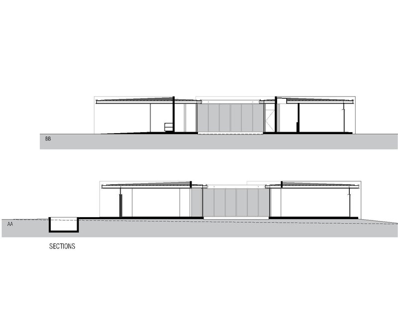 Section drawings showing flat roof profile and central slatted courtyard space between flanking volumes