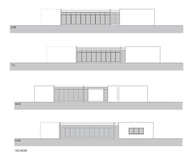 Elevation drawings showing four facades with glazed sections and solid volumes labeled east, south, west and north