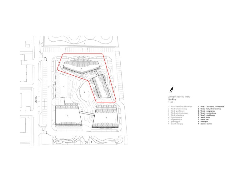 Site plan drawing showing angular building footprint with surrounding planted areas and pathways