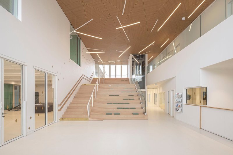 Central timber staircase ascending beneath a wooden ceiling with geometric linear lighting fixtures in the entrance hall