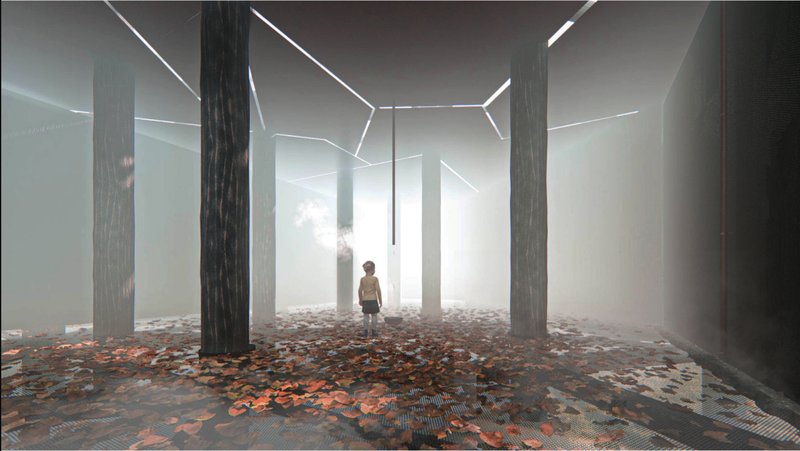 The Sensory Forest transforms reclaimed burnt timber into an emotional memorial space reflecting the trauma of habitat destruction.
