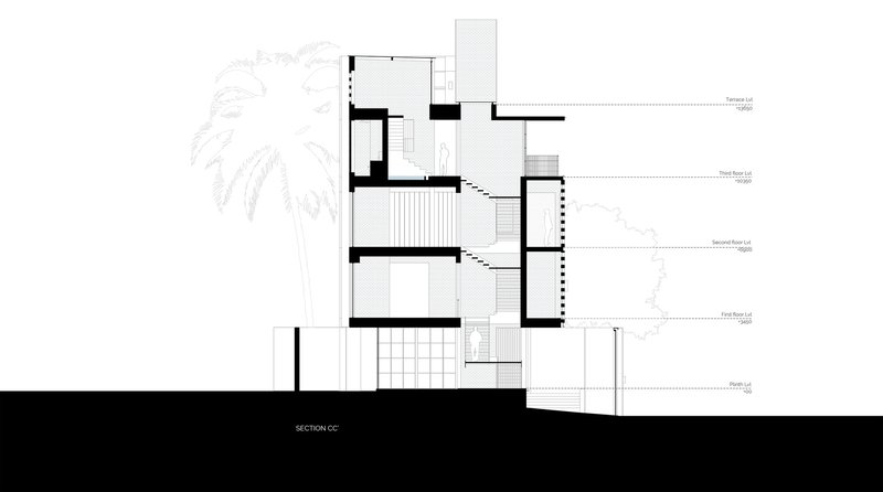 Section drawing showing stepped floor plates with staircase connecting levels and adjacent palm trees