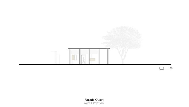 West elevation drawing showing entrance facade with door opening and nearby tree silhouette
