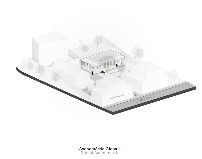 Axonometric drawing showing the residence positioned between surrounding block forms and adjacent street with trees