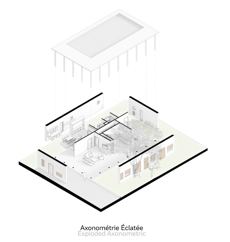 Exploded axonometric drawing revealing interior rooms, furniture layout, and structural columns beneath a gabled roof