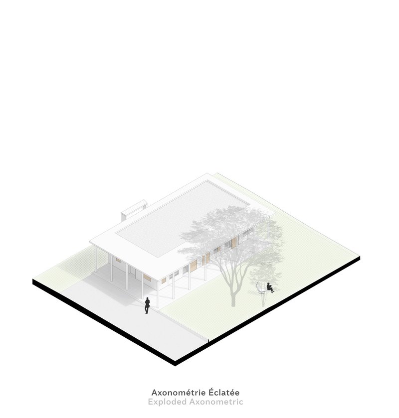Axonometric drawing showing a courtyard with two figures and a tree beside a single-story pavilion