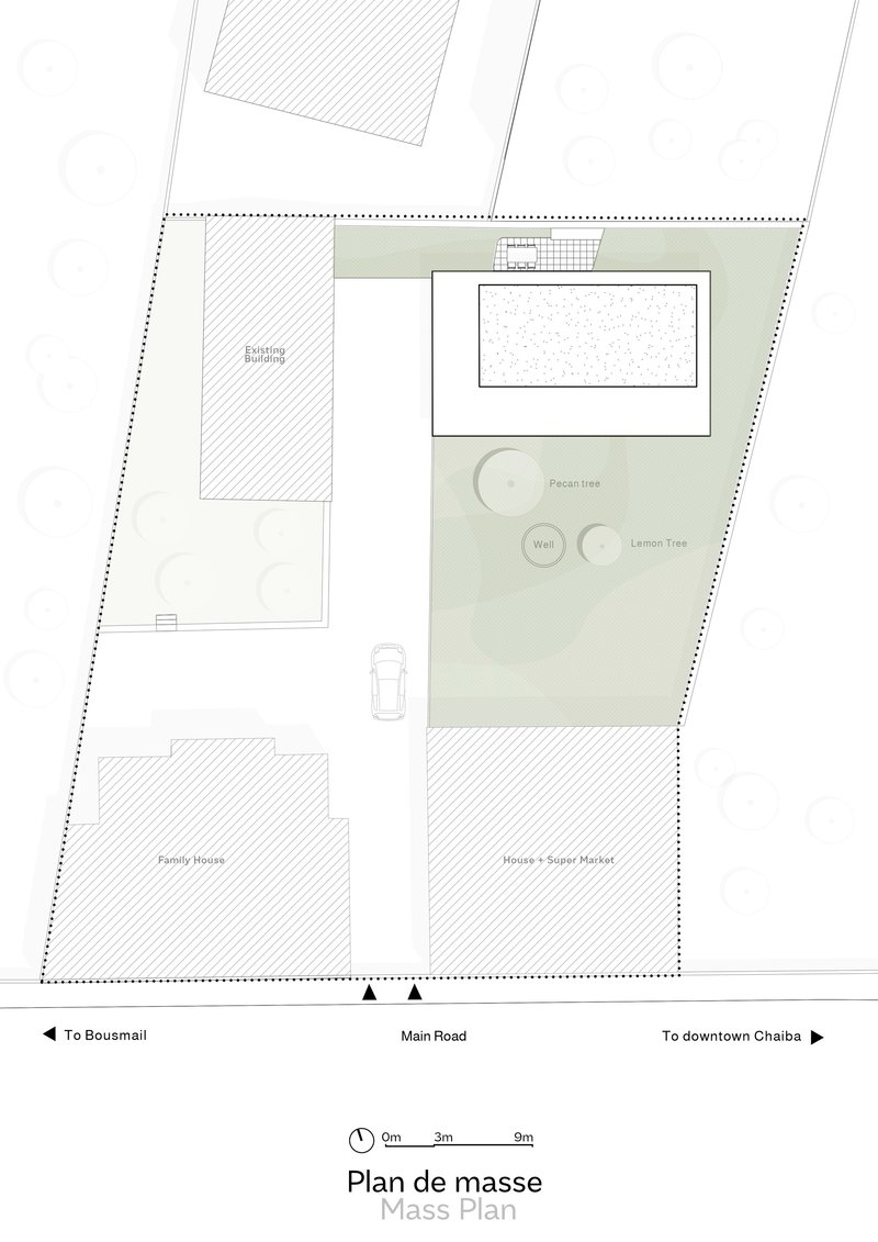 Site plan drawing showing rectangular building with courtyard pool and three circular trees on corner lot