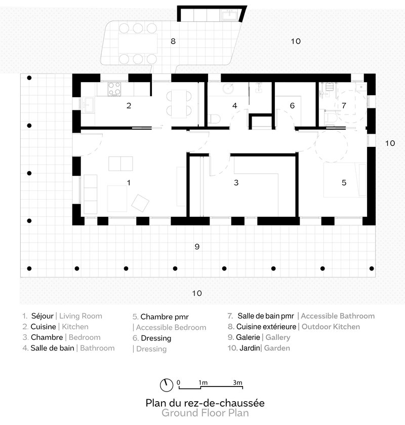 Ground floor plan drawing showing living spaces, kitchen, bedrooms, and outdoor garden with labeled room functions
