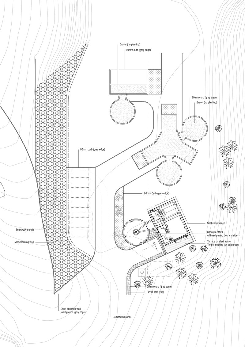Site plan drawing showing circular structures connected by pathways amid topographic contours and landscaping