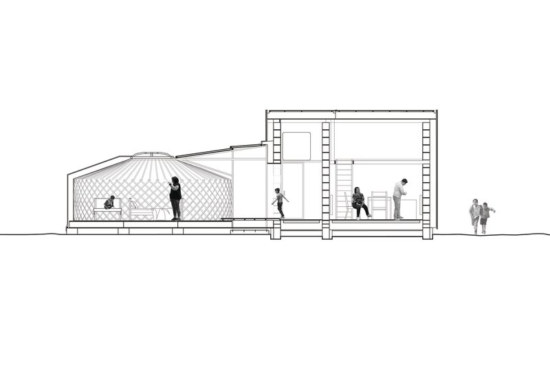 Section drawing showing a domed yurt joined to a two-story timber-framed structure with figures
