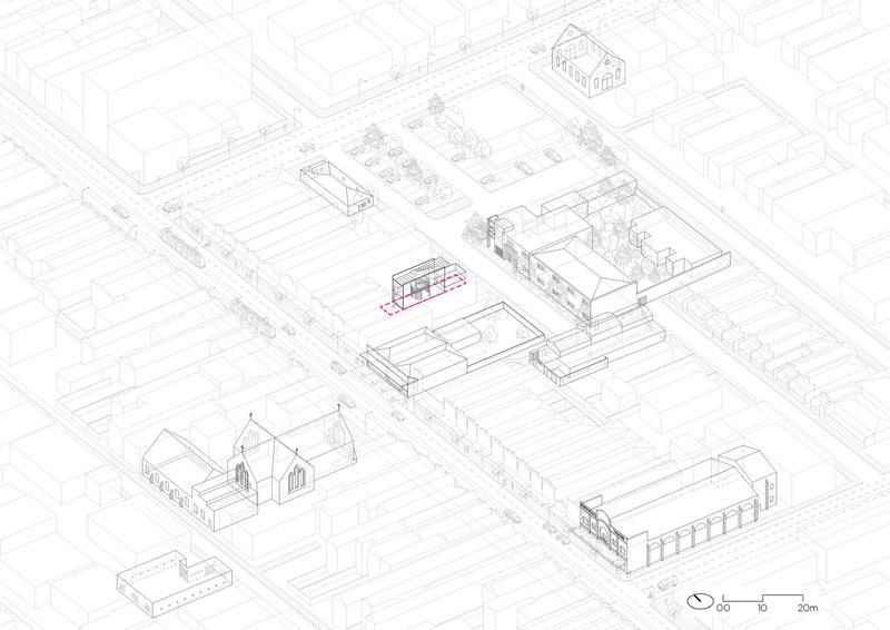Axonometric site drawing showing multiple buildings arranged around courtyards and streets