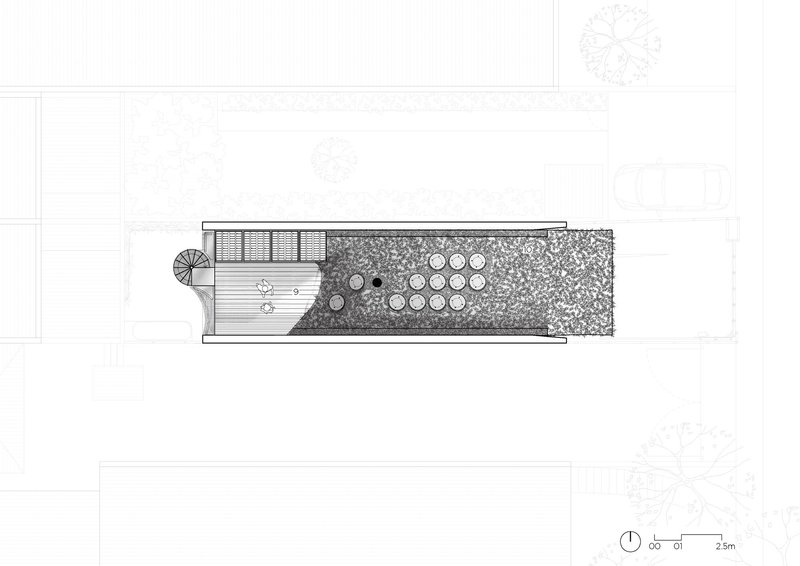 Roof plan drawing showing timber decking, circular planters and planted garden bed with trees