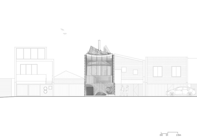Street elevation drawing showing a narrow multistorey residence between neighbouring buildings with figures and car