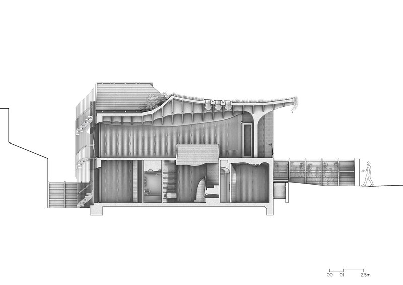 Section drawing revealing the curved staircase, exposed roof structure and interior spaces across multiple levels