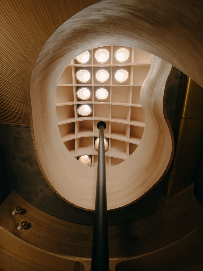 Looking up through a curved timber stairwell with circular skylights set in a coffered ceiling above