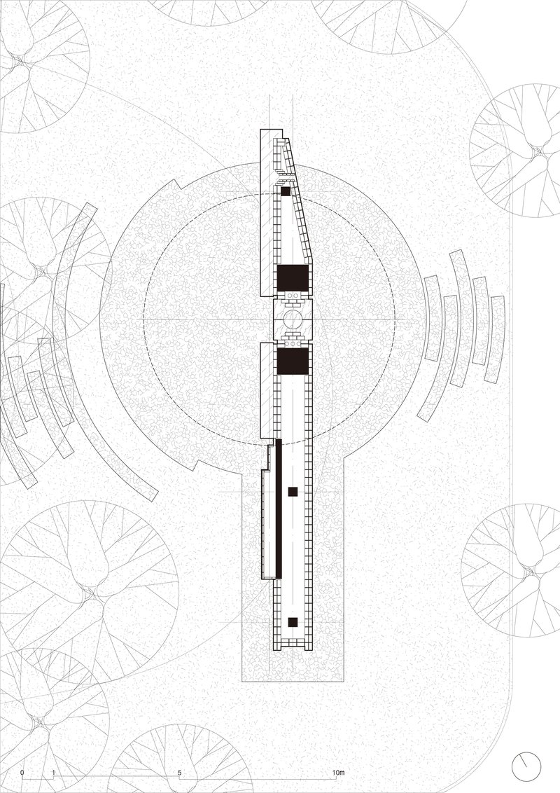 Site plan drawing showing an elongated building footprint surrounded by circular tree canopies and curved pathways