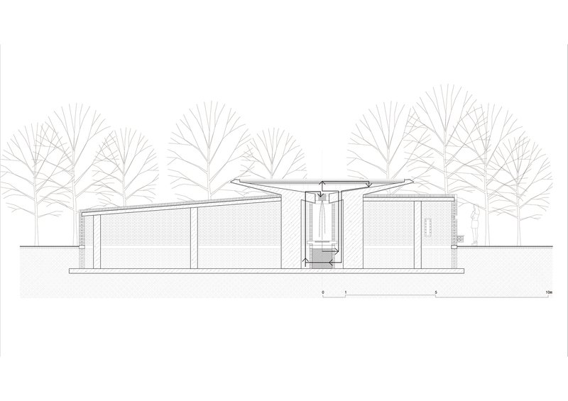 Elevation drawing showing a cantilevered roof pavilion sheltering a central core among trees