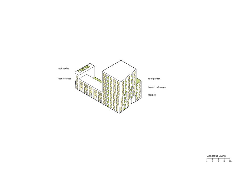 Isometric drawing indicating roof terraces, loggias, and balconies distributed across the building volume