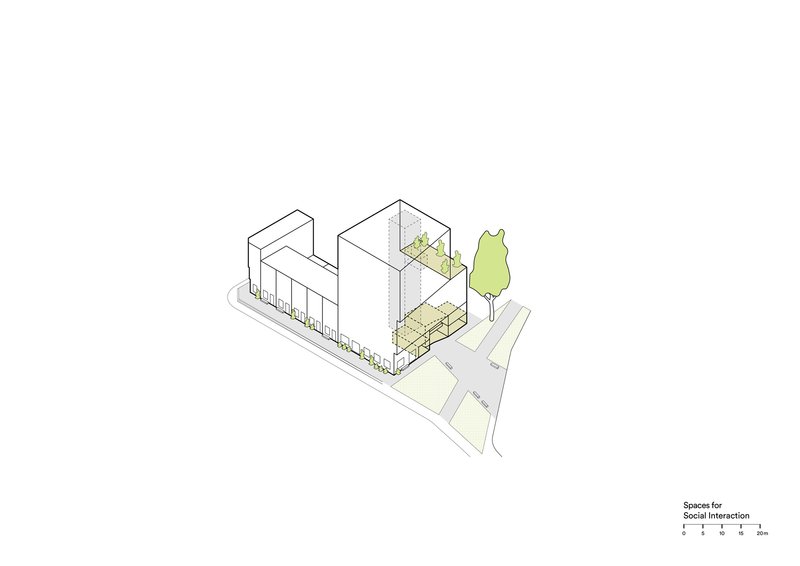 Isometric drawing depicting ground-level social spaces, courtyard, and street trees around the building base