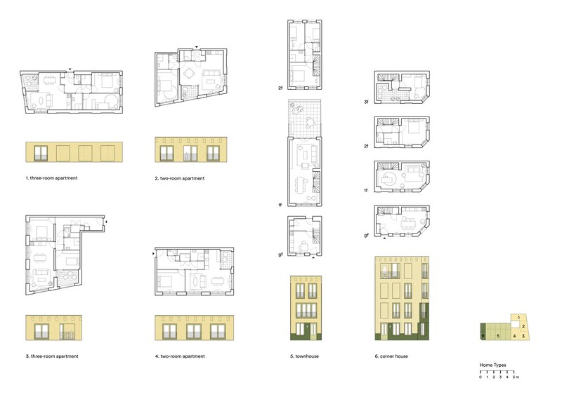Diagram showing six apartment typologies with floor plans and facade elevations in line drawing