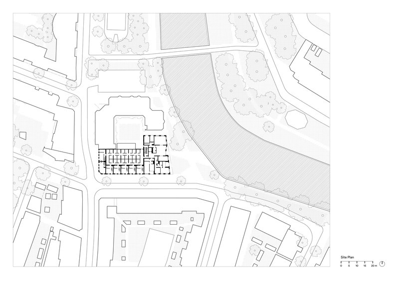 Site plan drawing showing the residential block positioned adjacent to a curving park and surrounding streets