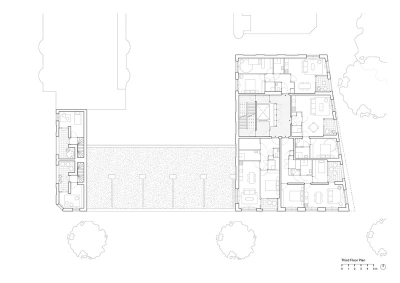 Third floor plan drawing revealing a rooftop terrace area and residential units with corner balconies