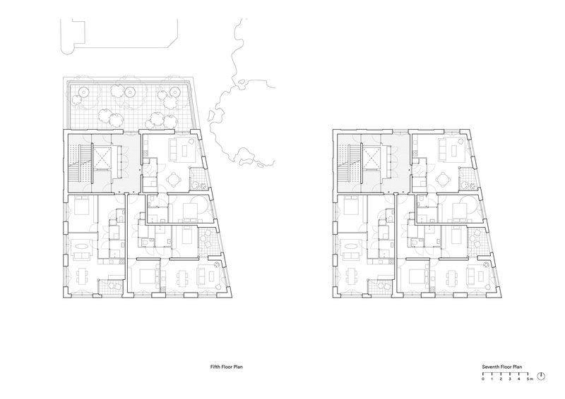 Fifth and seventh floor plan drawings comparing penthouse layouts with rooftop terraces