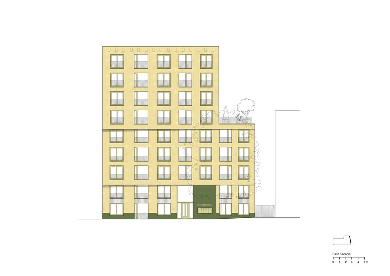 East facade elevation drawing with yellow panels, gridded windows and green entry canopy beside a tree