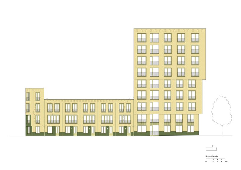 South facade elevation drawing showing stepped massing with lower townhouses and taller residential tower beside a tree